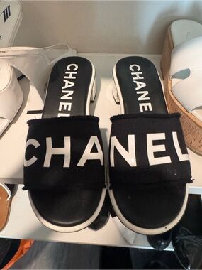 CHANEL Black Logo Slide little heeled Sandals